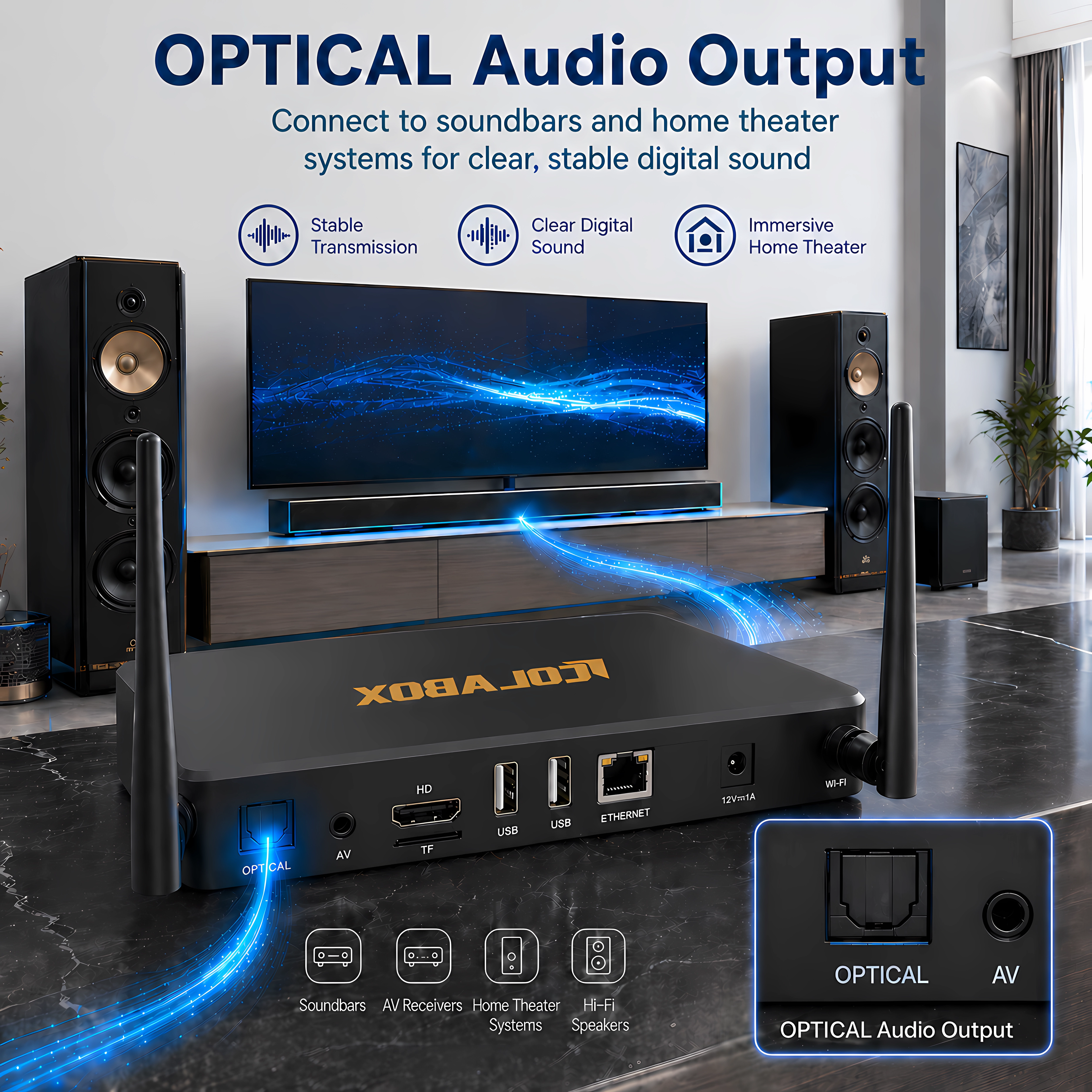 ColaBox L2 Plus optical audio output for soundbars, AV receivers, and home theater systems