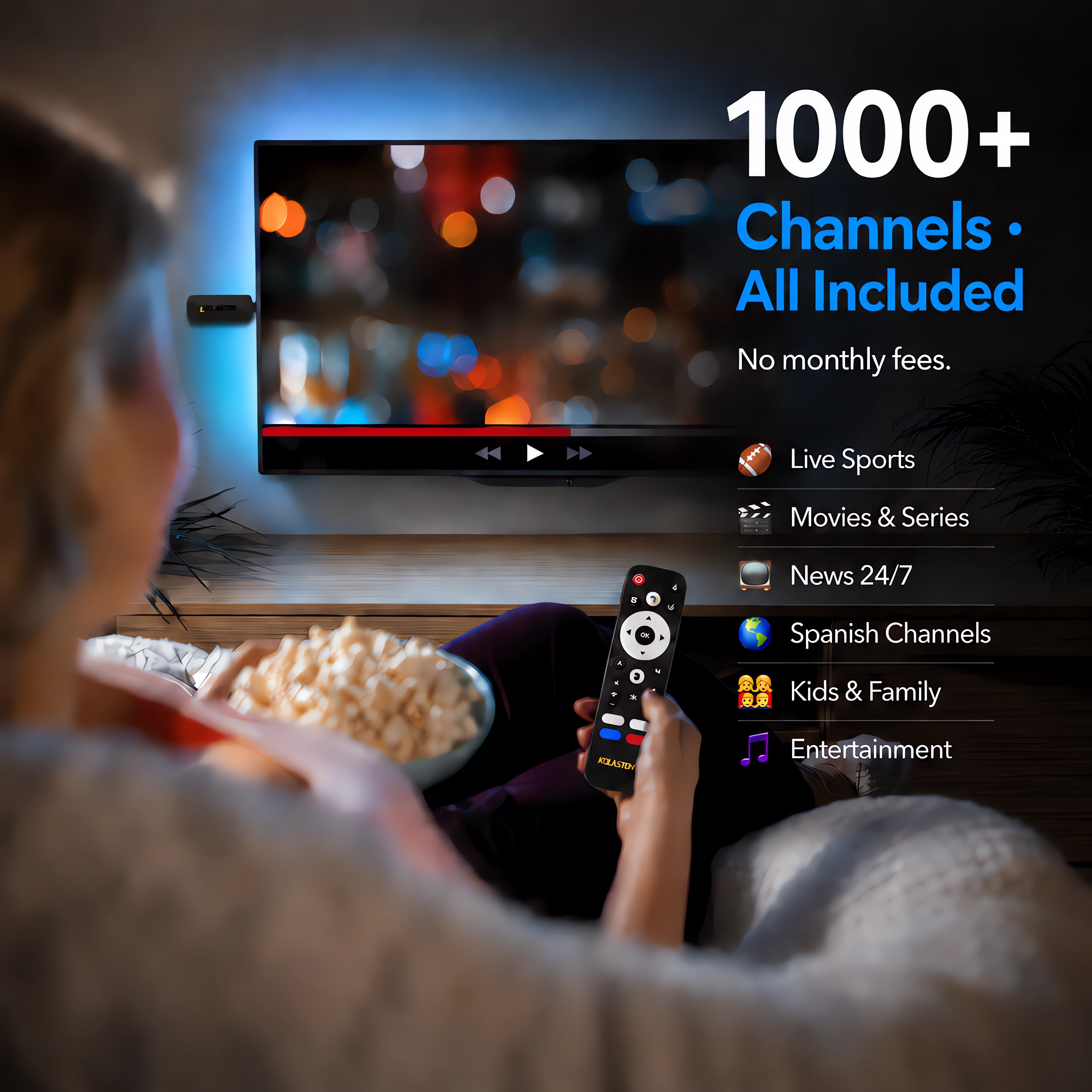 ColaStick V1 Plus — 1000+ live channels including sports, movies, news, and international content