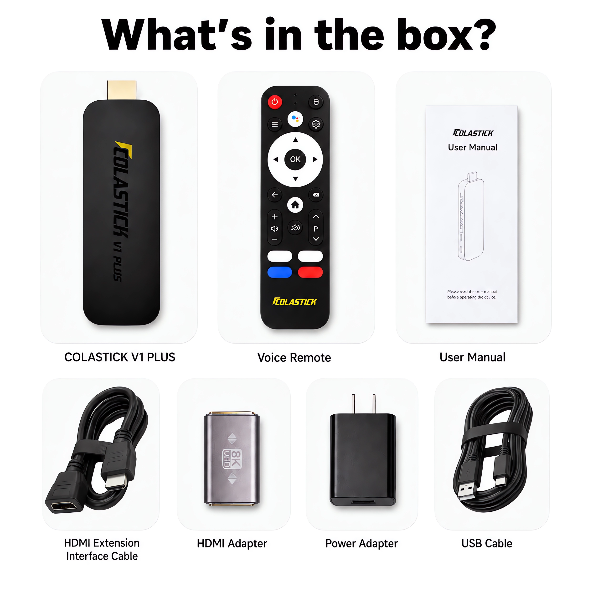 ColaStick V1 Plus box contents — HDMI stick, voice remote, extension cable, coupler, power adapter