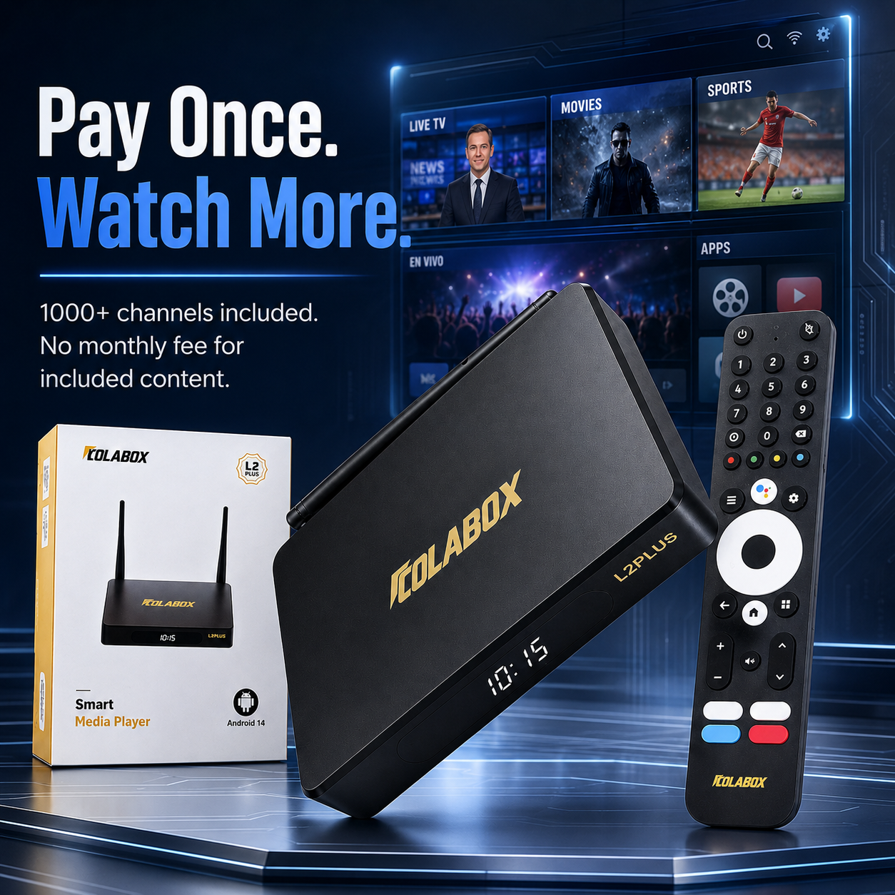 ColaBox L2 Plus — 1000+ channels included, pay once with no monthly fee for live TV, movies, and sports