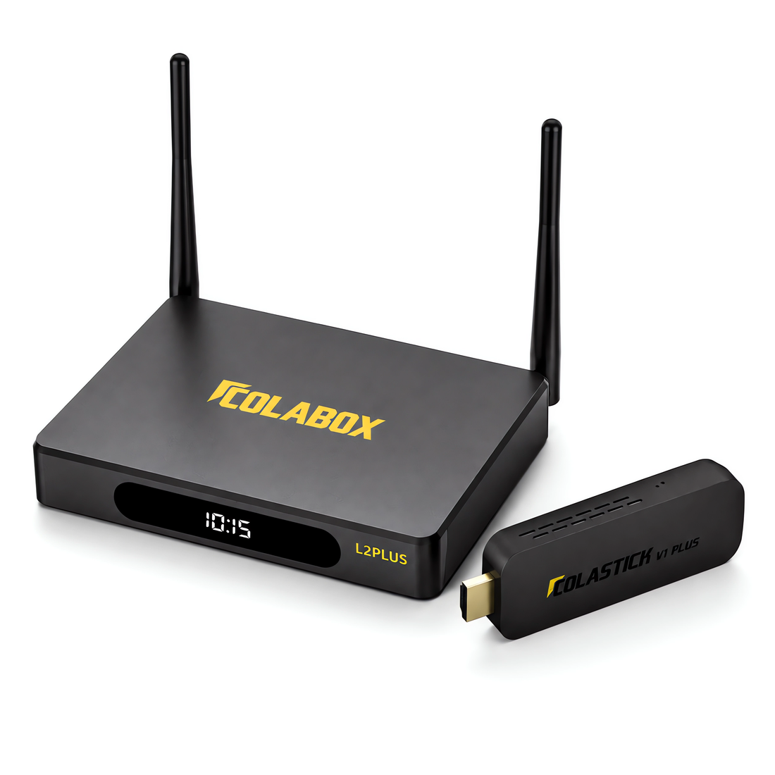 ColaBox L2 Plus android TV box and ColaStick V1 Plus HDMI streaming stick — complete bundle on white background
