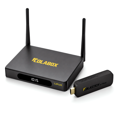 ColaBox L2 Plus android TV box and ColaStick V1 Plus HDMI streaming stick — complete bundle on white background