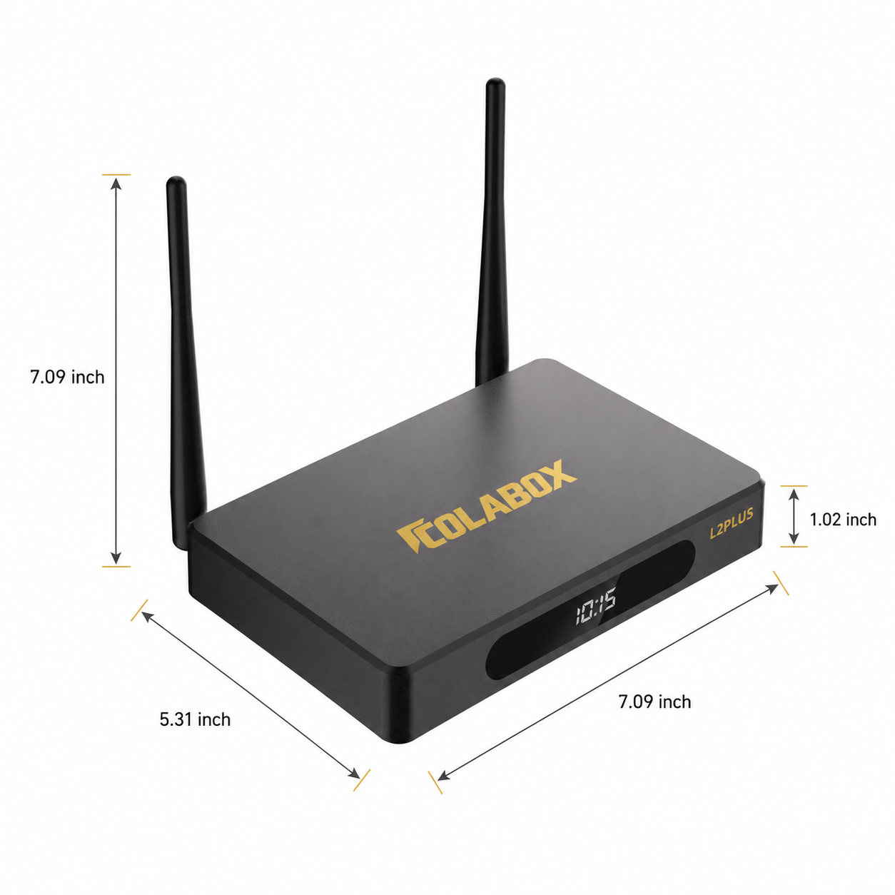 ColaBox L2 Plus dimensions — 7.09 x 5.31 x 1.02 inch compact Android TV box with dual antenna