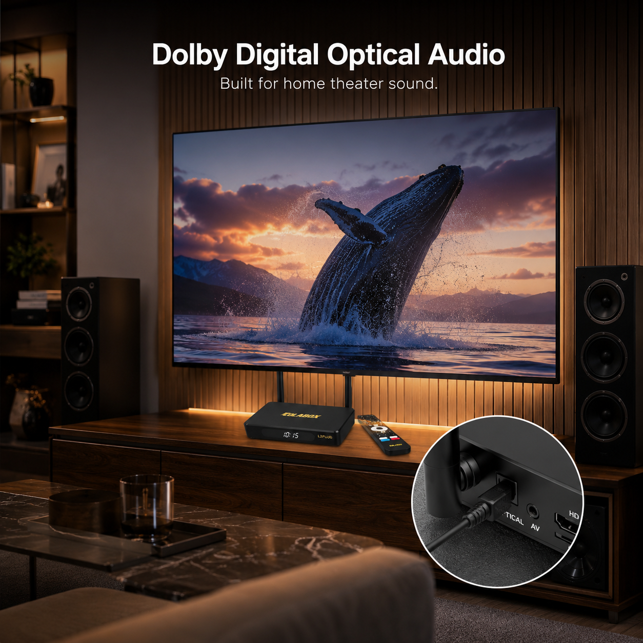 ColaBox L2 Plus Dolby Digital optical audio output connected to home theater speakers and soundbar