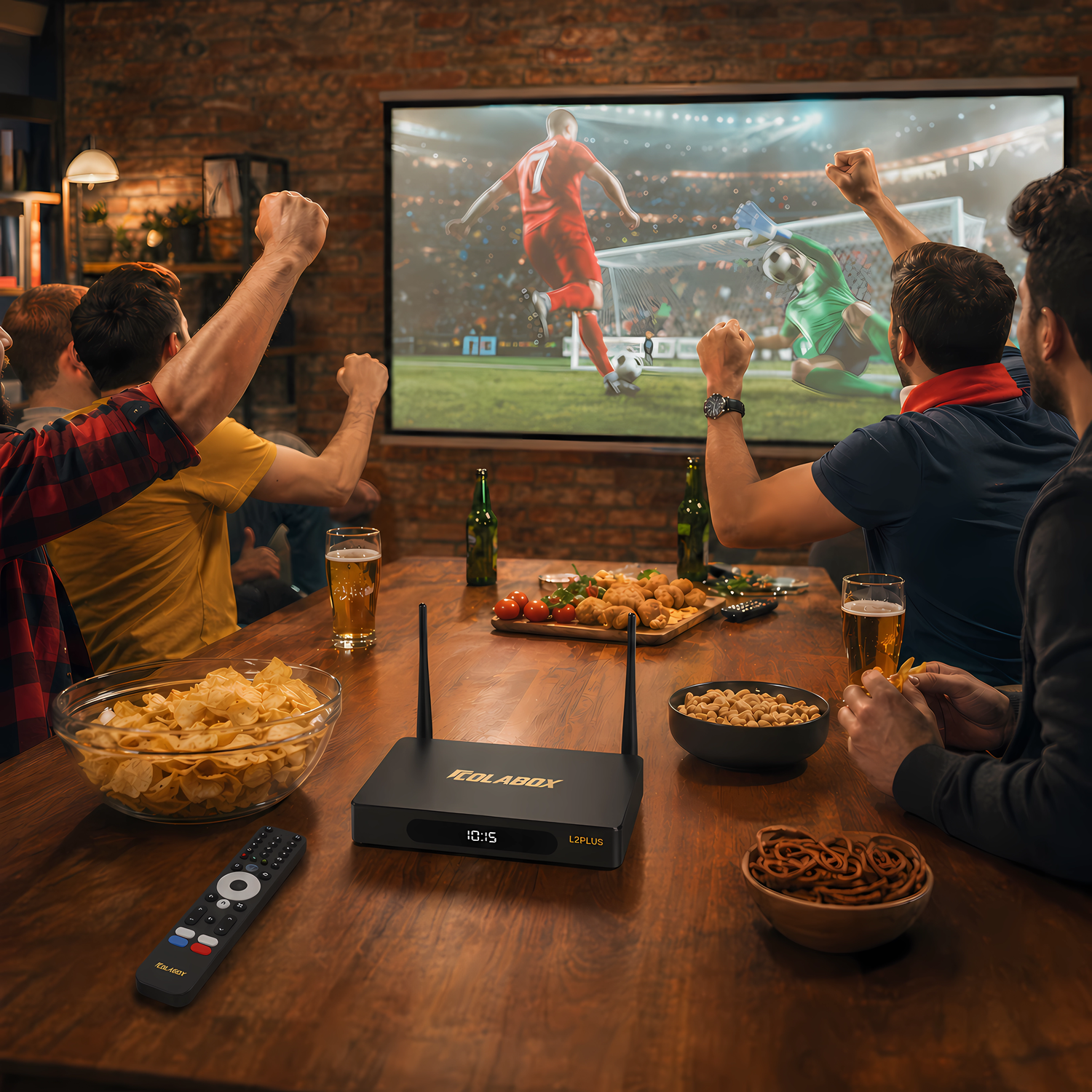Friends watching live soccer on big screen TV powered by ColaBox L2 Plus android tv box
