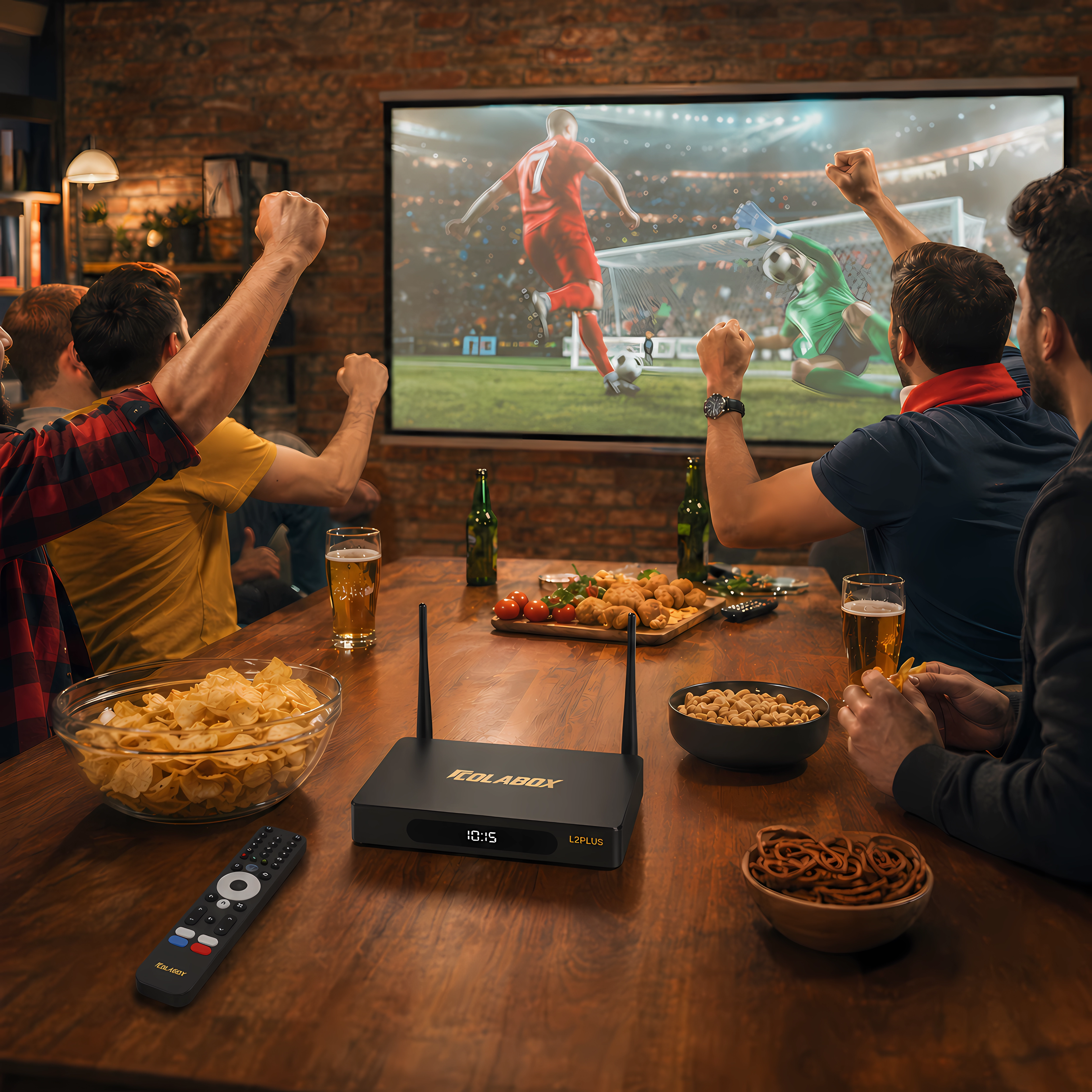 Friends watching live soccer on big screen TV powered by ColaBox L2 Plus android tv box