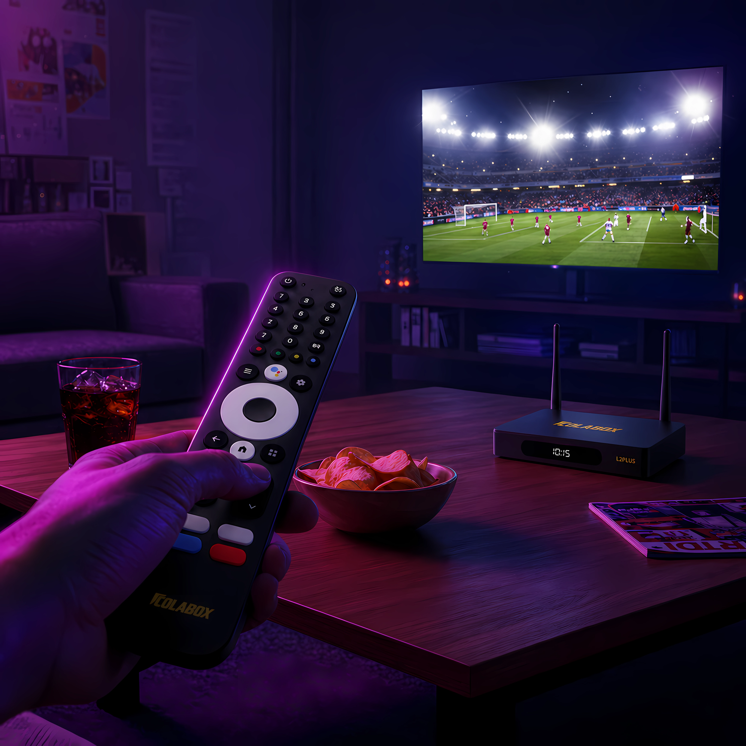 ColaBox L2 Plus streaming live soccer on TV in a dark living room — voice remote in hand