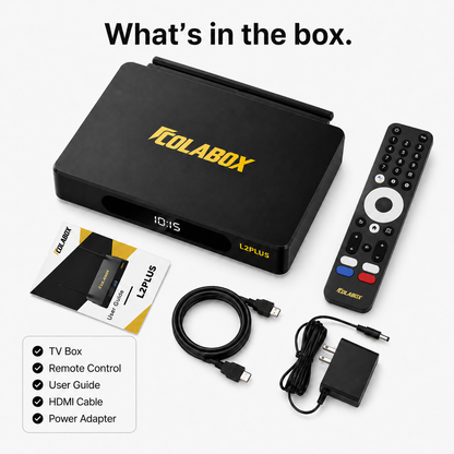 ColaBox L2 Plus box contents — TV box, remote control, HDMI cable, power adapter, user guide