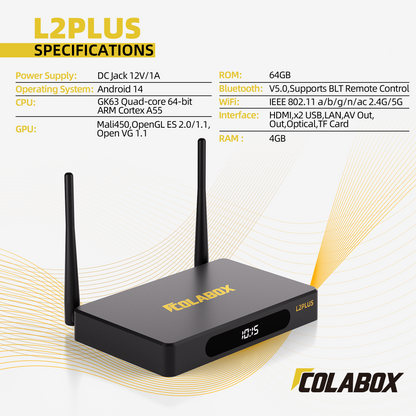 ColaBox L2 Plus Android 14 TV Box - 4K Ultra HD Streaming Player with No Monthly Fees / 7-Day Replay