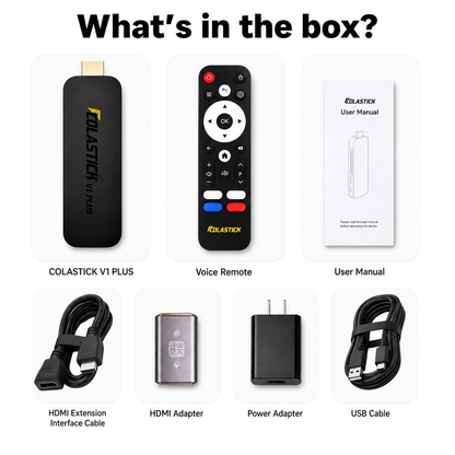 ColaStick V1 Plus box contents — HDMI stick, voice remote, extension cable, coupler, power adapter