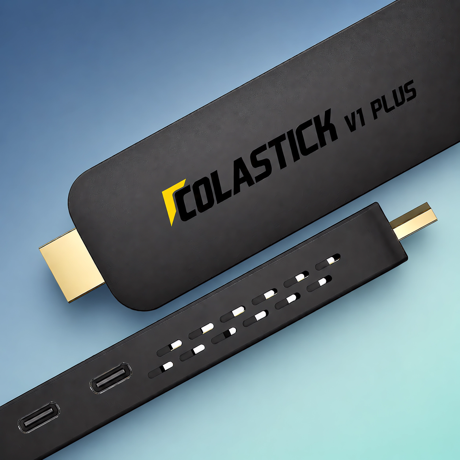 ColaStick V1 Plus HDMI streaming stick front view with included voice remote control