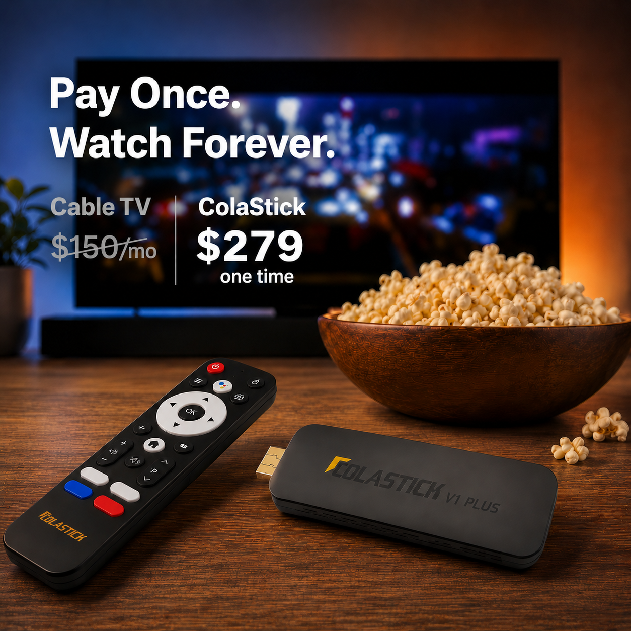 ColaStick V1 Plus plugging into HDMI port on TV, monitor, or projector — no extra hardware